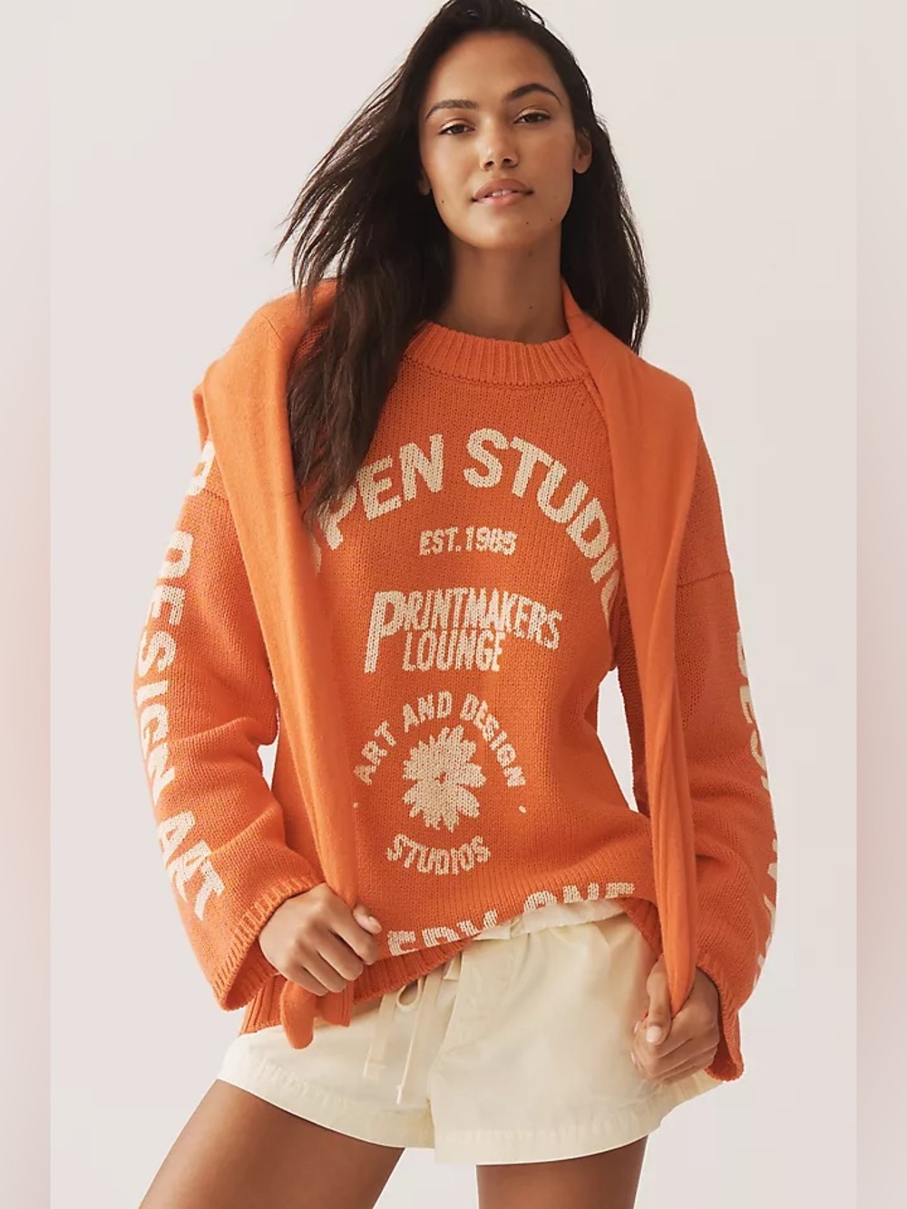 Anthropologie Pilcro Graphic Printed Crew Neck Sweater Orange XL